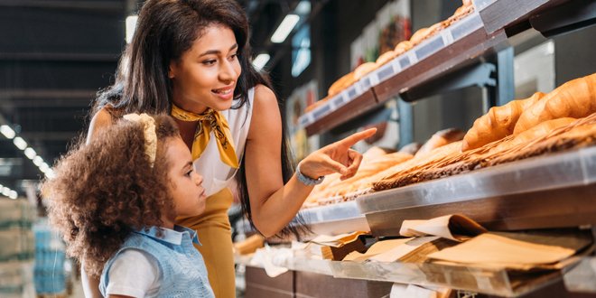 pointing by finger at bread ery store