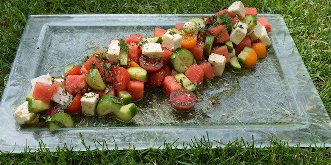 WATERMELON, FETA, TOMATO AND CUCUMBER SALAD