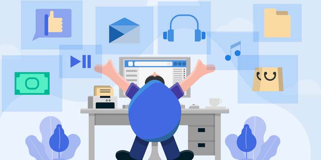 Man use computer in flat design. online social enterainment