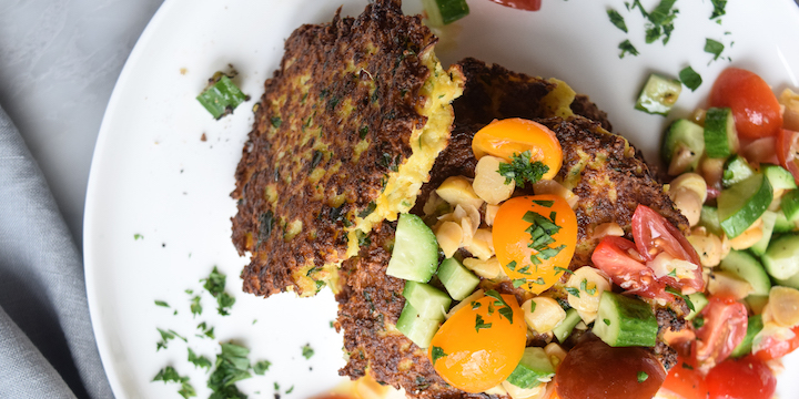 Cauliflower fritters with tomato, cucumber and chickpea chop