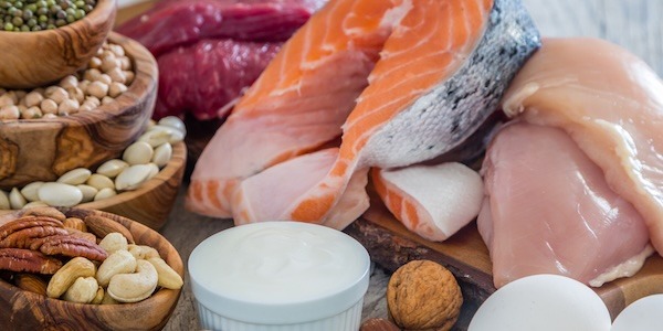 Selection of food for weight loss, copy space